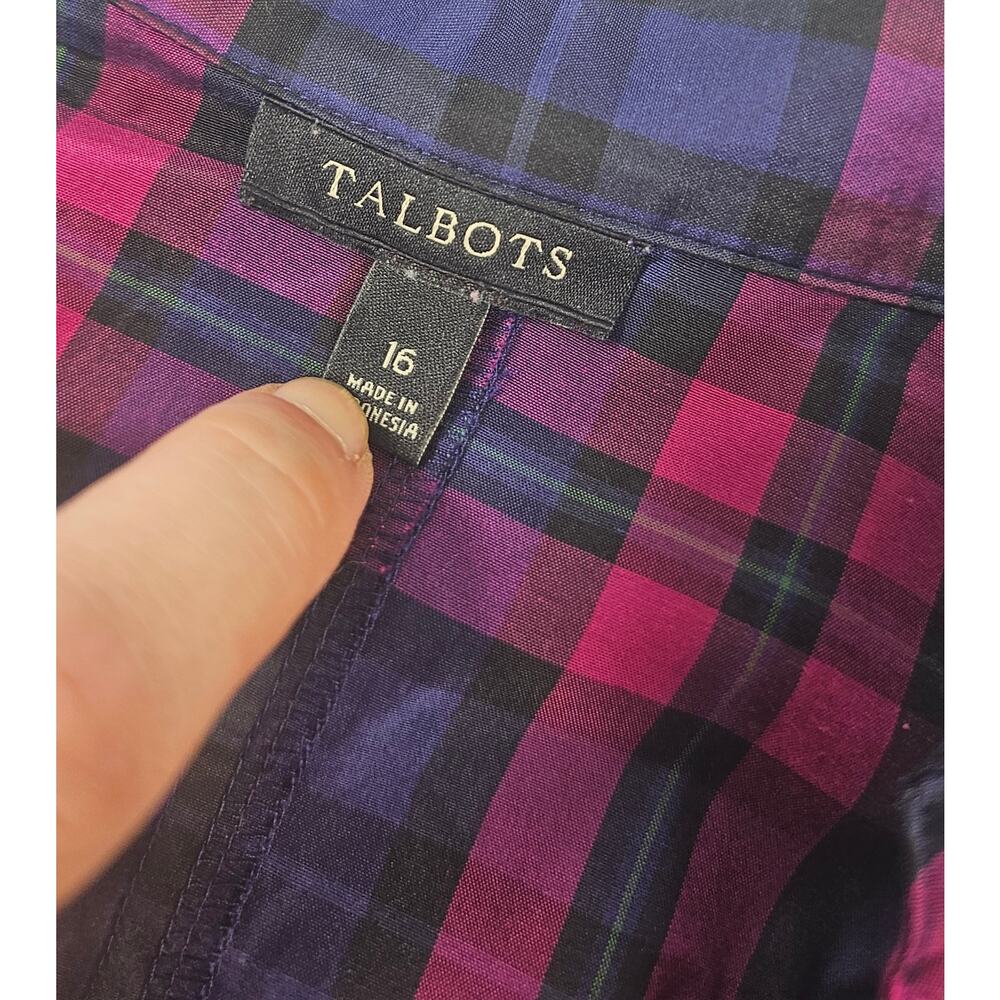 Talbots sz 16 silk blend tartan purple ruched front career business long sleeve - Picture 5 of 8